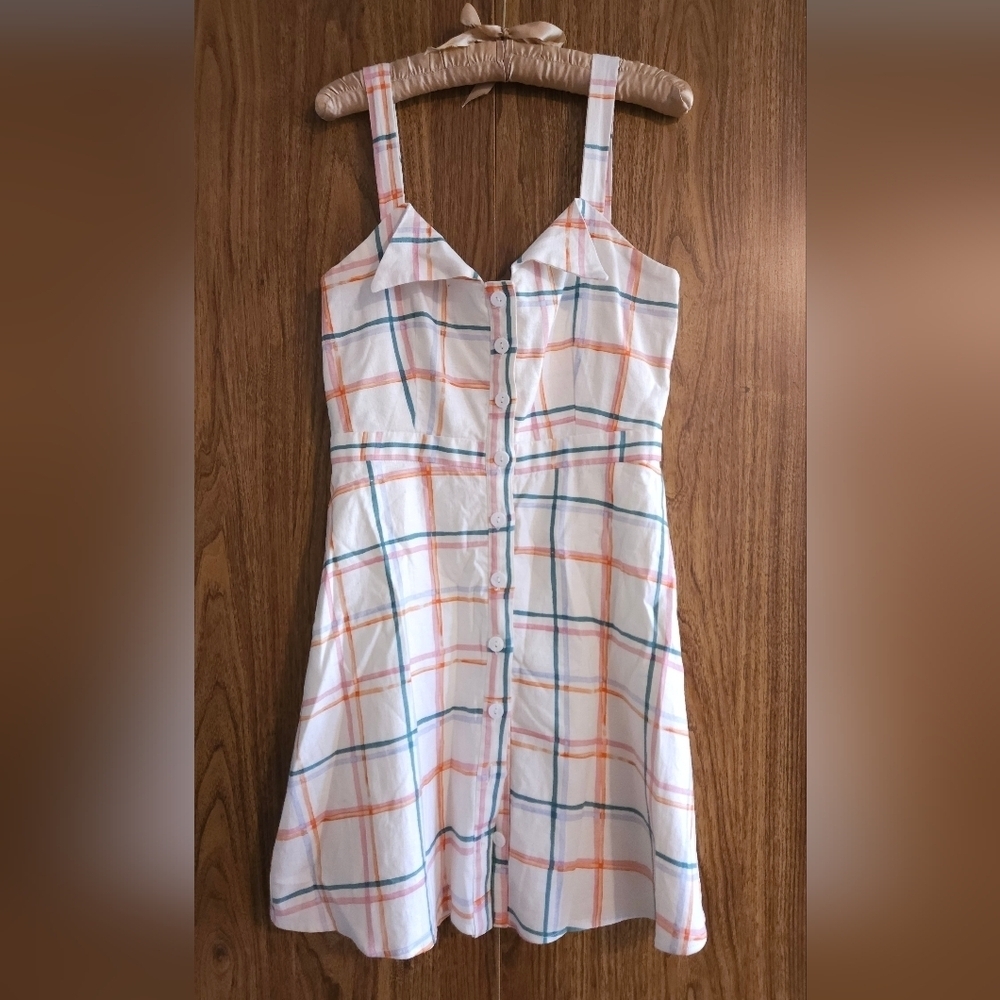 WAYF Summer Plaid Linen-Blend Checkered Button-Down Dress S